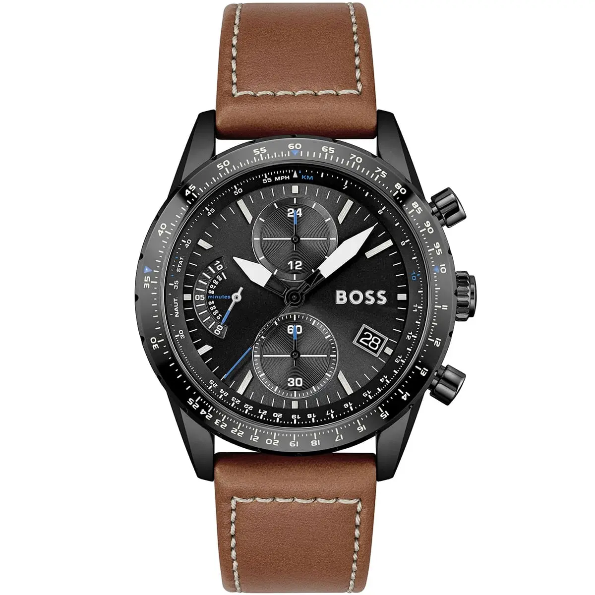 1513851-hugo-boss-watch-men-black-dial-leather-brown-strap-quartz-battery-analog-chronograph-pilot-edition-chrono ساعت مچی مردانه هوگوباس مدل:HB1513851 - تصویر 1